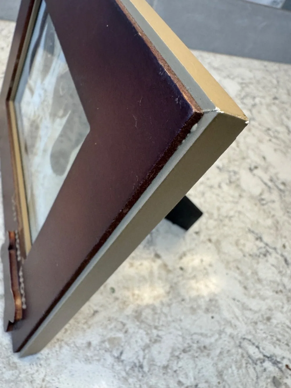 A Sonoma Life & Style brown wood picture frame with dog bone and bow wow wow